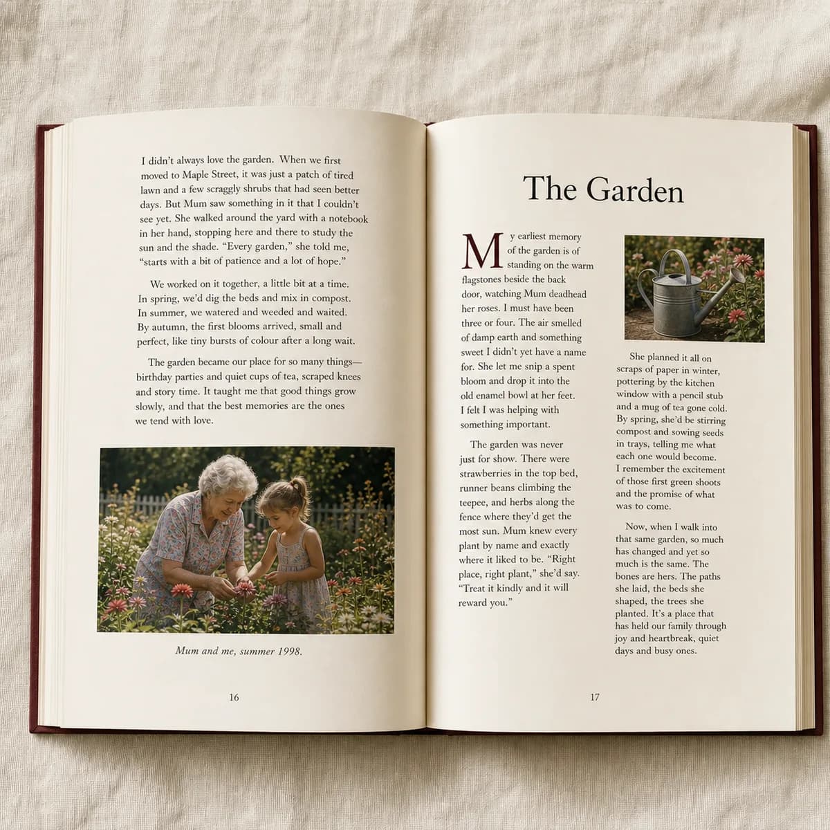 Open Storykept chapter spread with story text and small colour photos