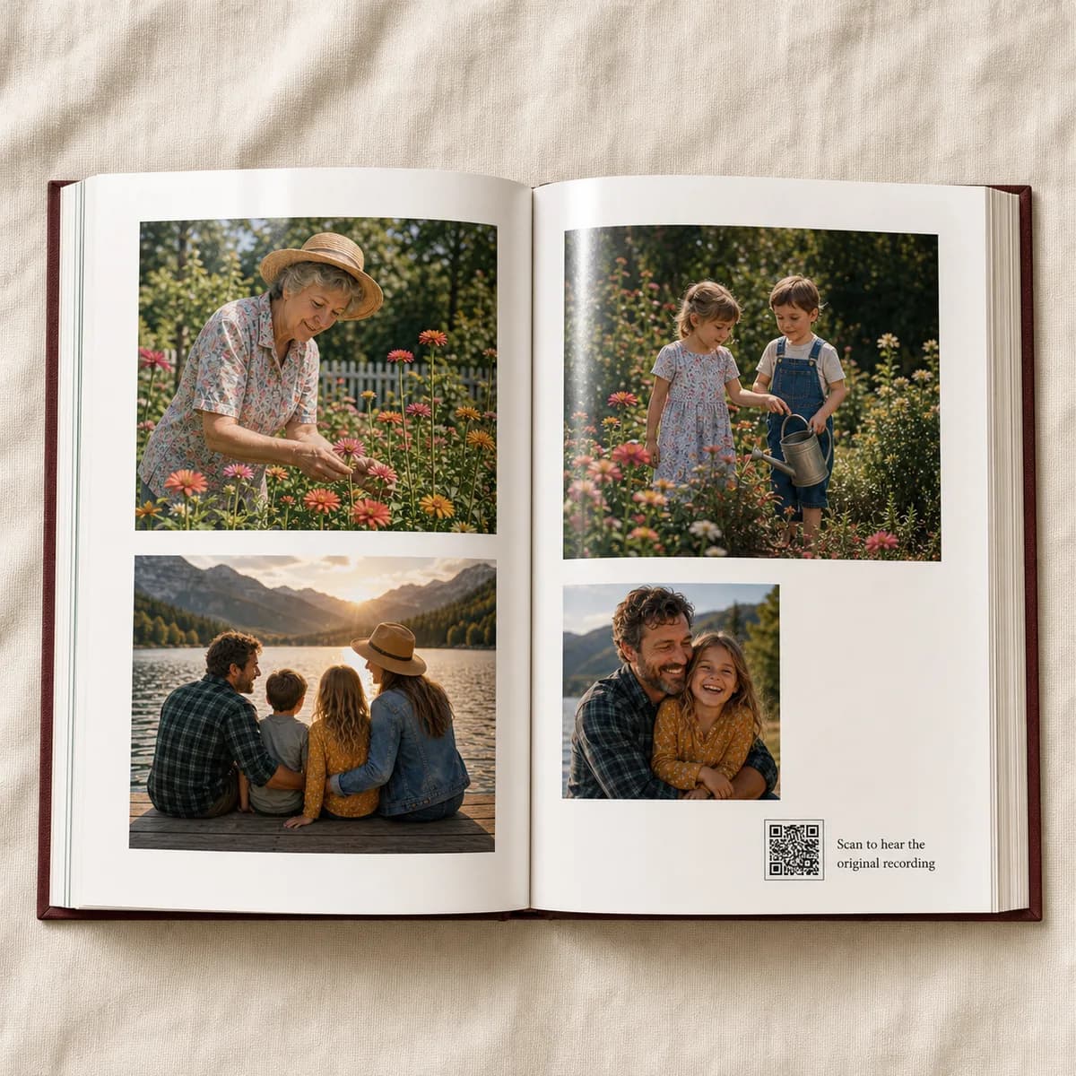 Open Storykept photo page layout with smaller framed photos and a QR code
