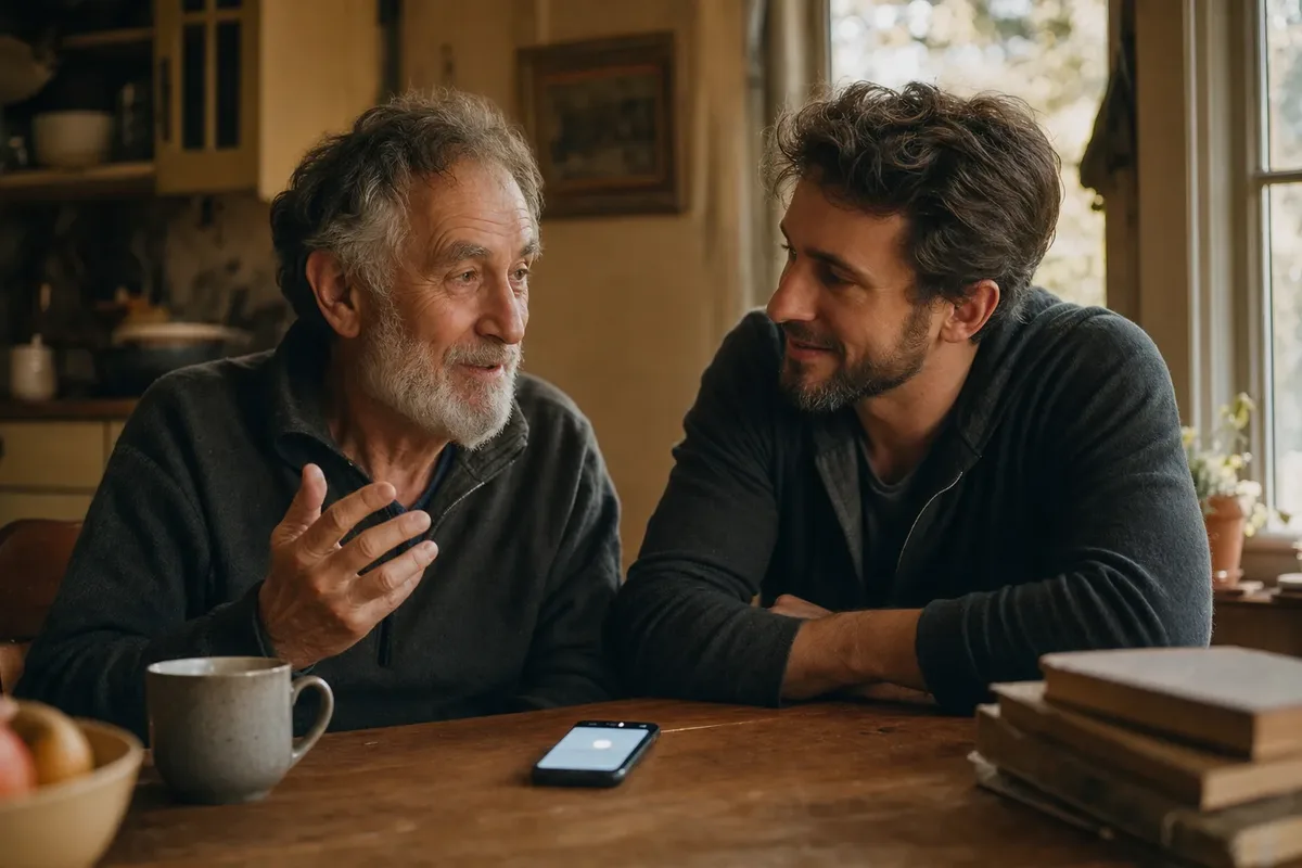 A father in his sixties telling a story to his adult son at a kitchen table