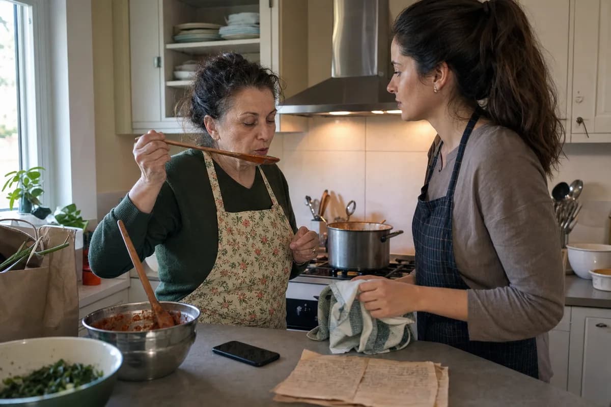 A mother and adult daughter cooking a family recipe together in a home kitchen.