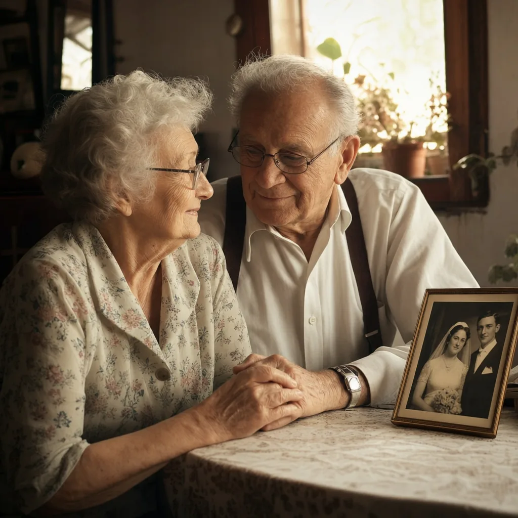 An elderly couple holding hands beside an old wedding photograph, quietly smiling.