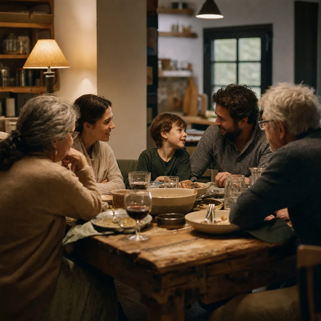 Three generations of a family talking warmly around a dinner table in the evening.
