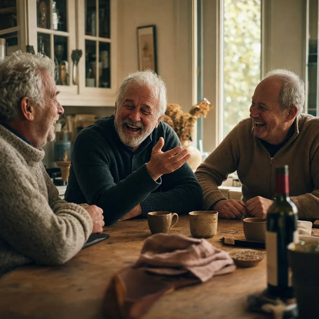 Three old friends laughing around a kitchen table, remembering something from years ago.