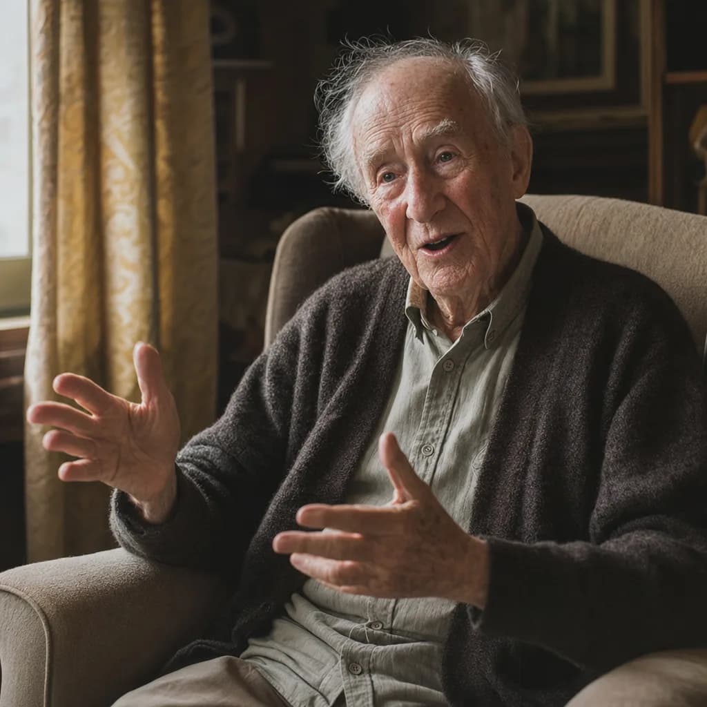 An older man mid-story in a comfortable armchair, hands raised as he tells a tale.