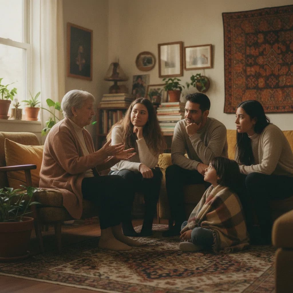 A multigenerational immigrant family at home, an older relative telling a story to the others.