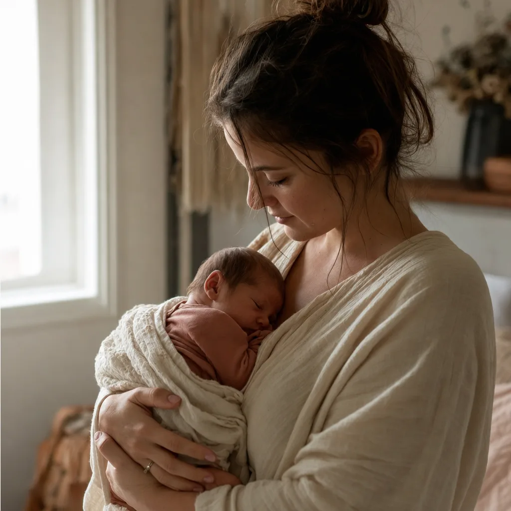 A young mother in a sunlit room cradling her newborn baby, looking down tenderly.