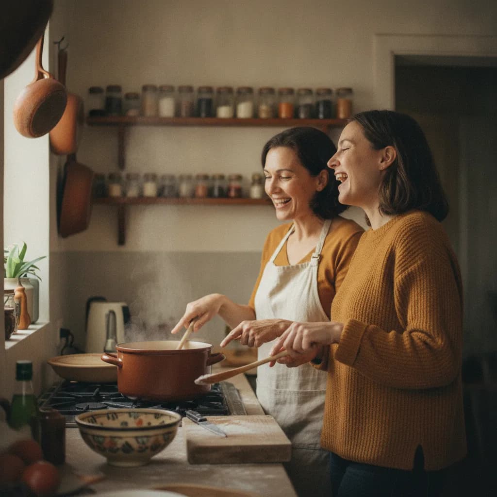 A mother and her adult daughter cooking together at the stove, talking and laughing.