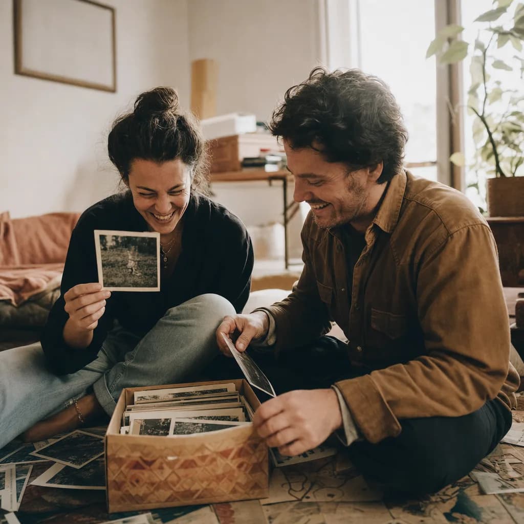 Two adult siblings sitting on the floor, laughing over a shoebox of old family photos.