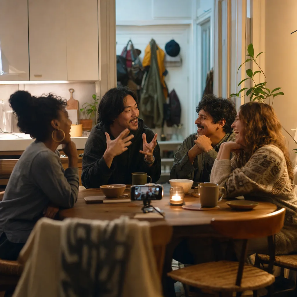 Four friends retelling stories around a kitchen table the evening after a big trip.