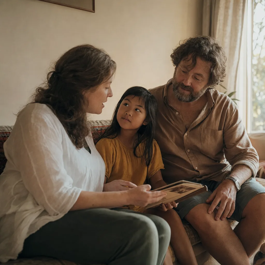 Two parents and their adopted child on a sofa, looking through a small photo album together.