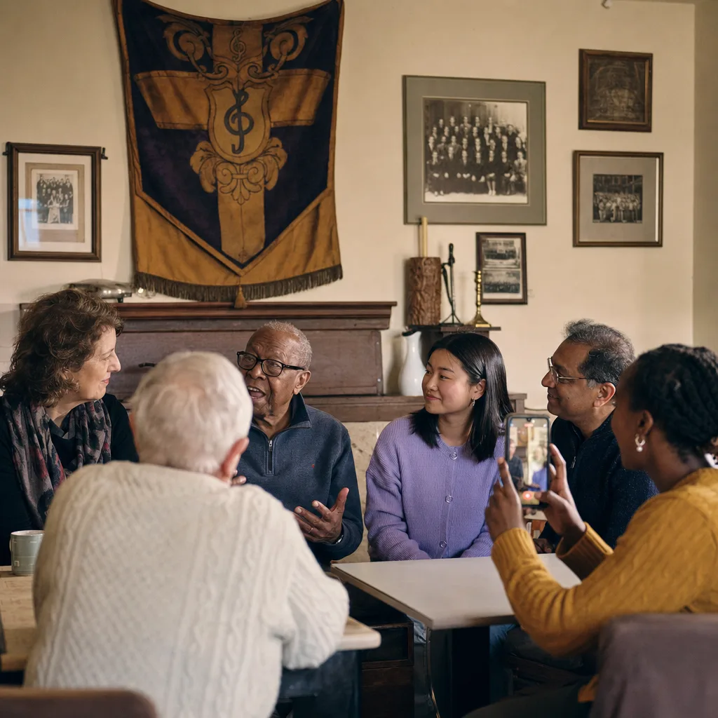 A small community club gathered in a hall, an older member telling a story to the group.