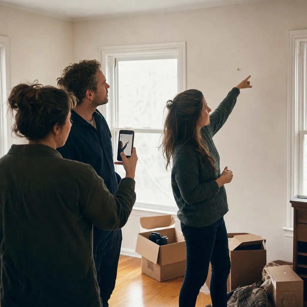 Three adult siblings recording memories in the emptying living room of their childhood home.