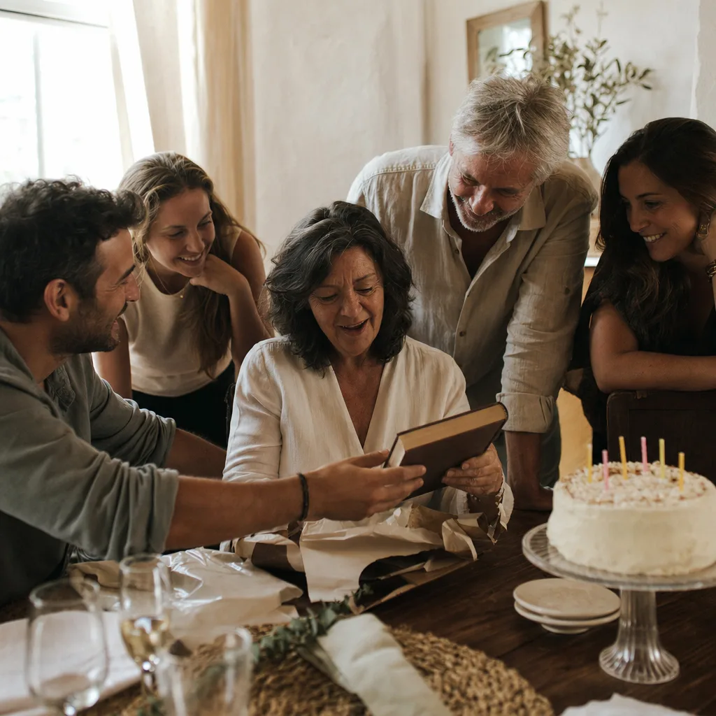 A woman in her sixties unwrapping a memory book at a small family birthday gathering.