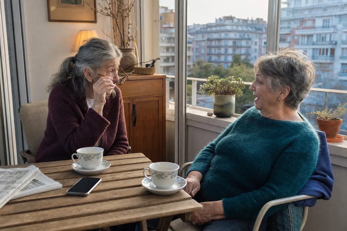 Two old friends talking over tea on a lived-in city balcony.