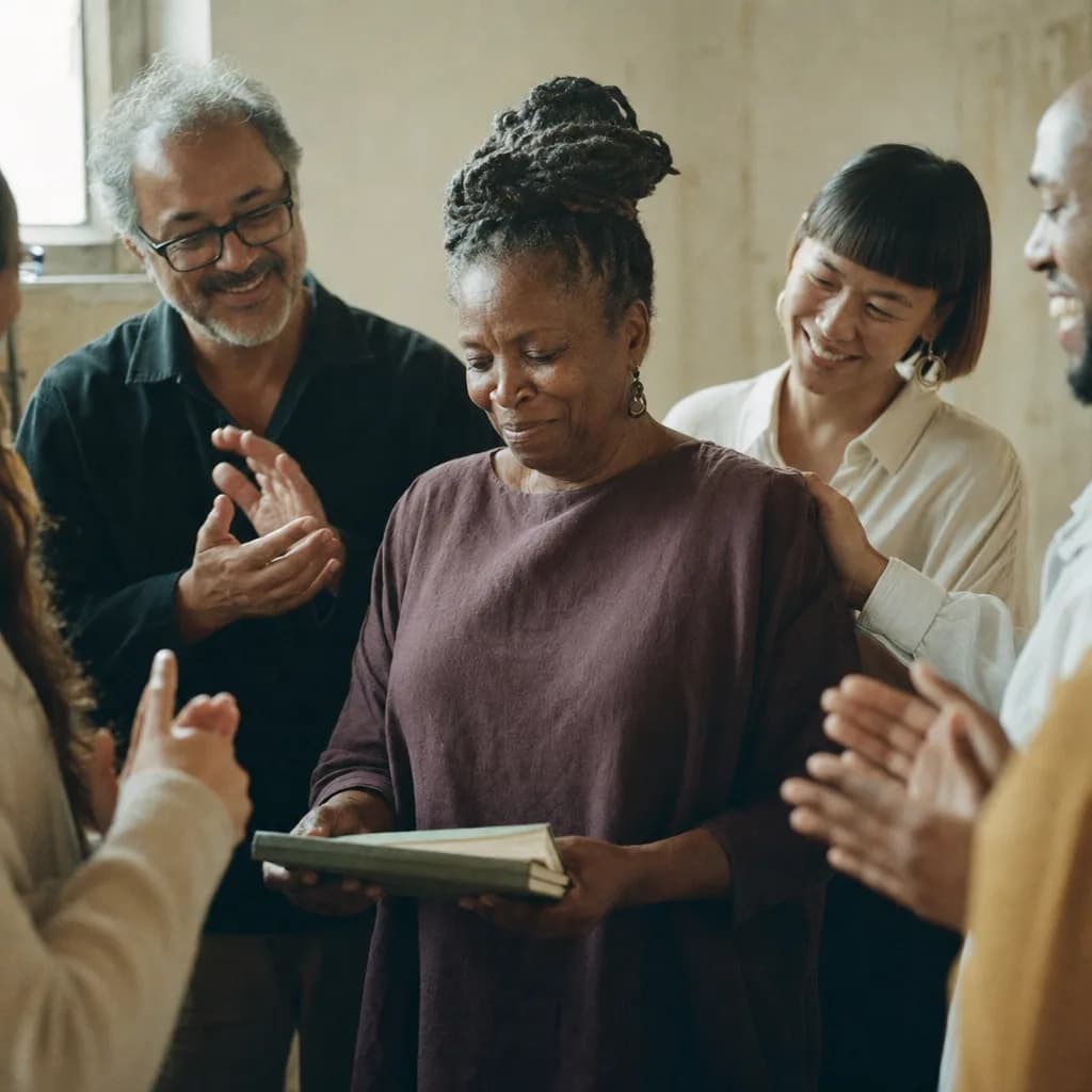 A man receiving a memory book from a small group of smiling colleagues in a warm office.
