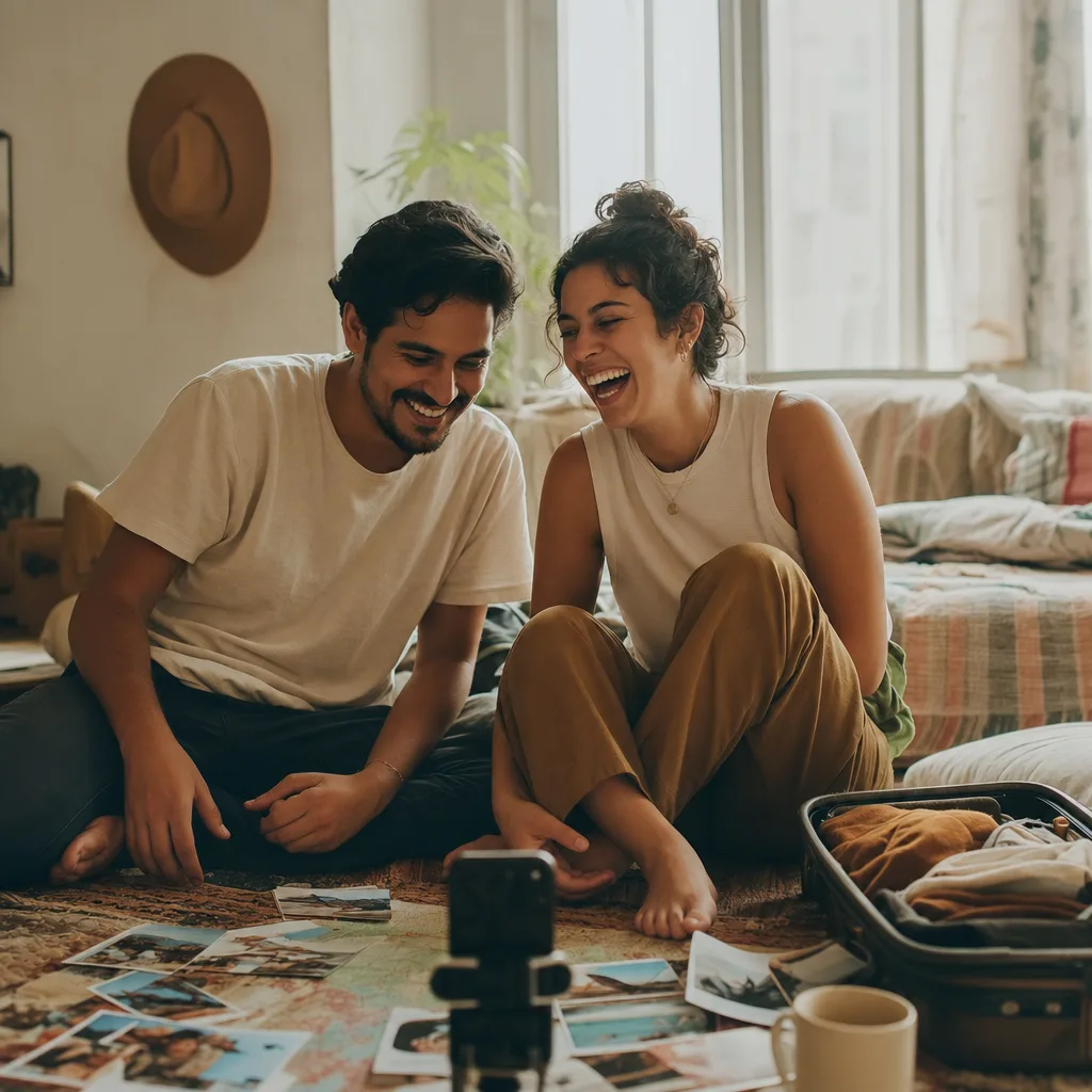 A couple sitting on the floor after a long trip, recording stories among their travel photos.